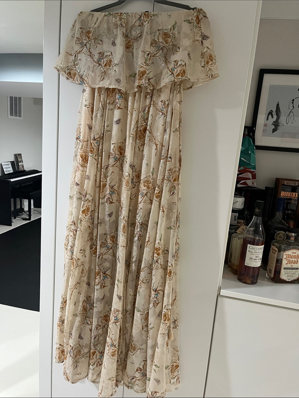 Aakaa Cream Floral Off-Shoulder Maxi Dress with Mustard Accents